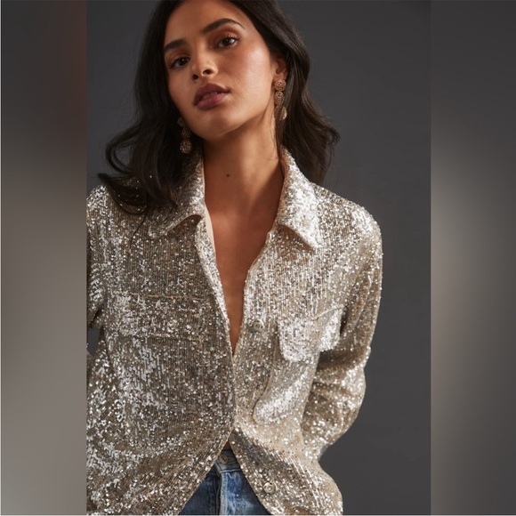BB Dakota by Steve Madden Sparkling Silver Sequin Shirt - Picture 1 of 4